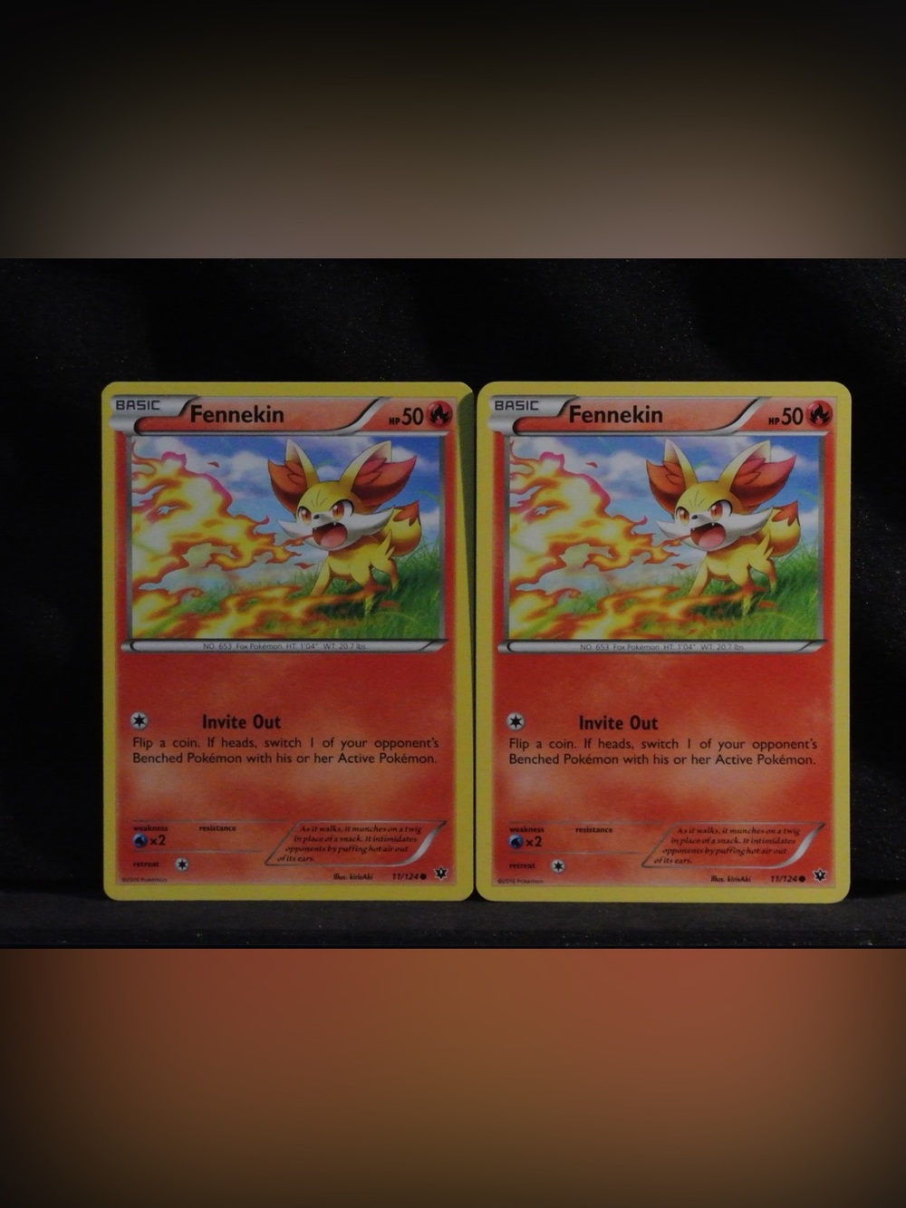 Pokemon Fennekin Card Pair - Yellow, Orange, Red Artwork